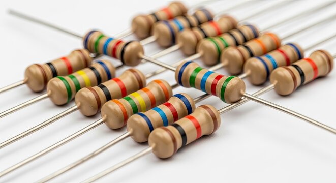 A collection of resistors is arranged on a white surface. The resistors are brown, red, orange, yellow, green, blue, violet, and gold.