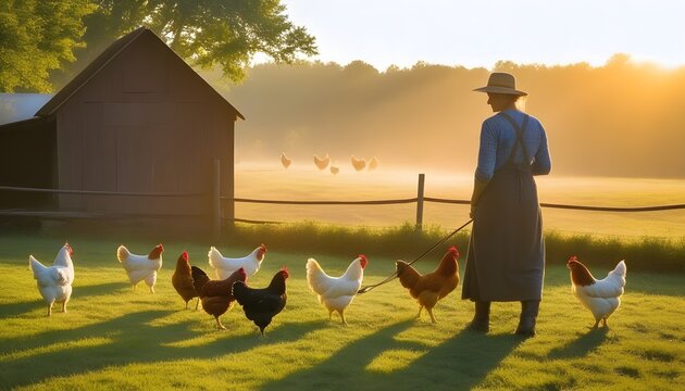 A homesteader tending free-range chickens at dawn, soft golden morning light, calm rural routine