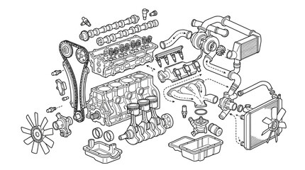 Obraz premium Dynamic Exploded View Diagram of Car Engine Cooling System Components in Monochrome Line Art with high quality professional line art symbols for modern creative design and digital branding projects