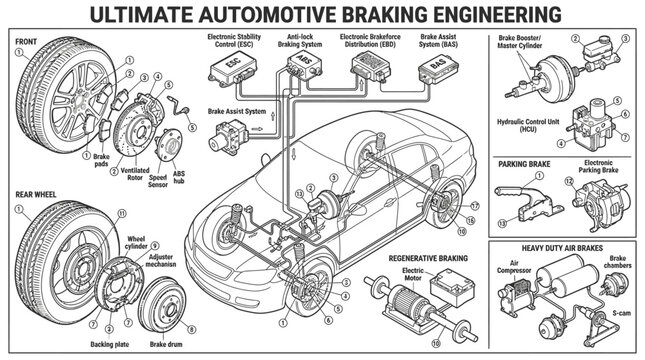 Sleek Ultimate Automotive Braking Engineering Diagram Detailed Black and White Technical Breakdown of Brake Systems