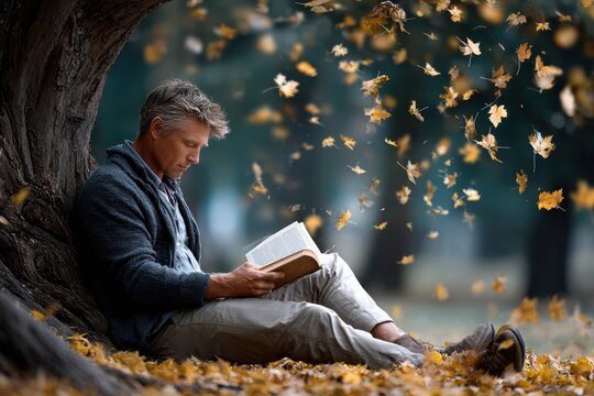 Man reading a book under a tree surrounded by autumn leaves in a peaceful park