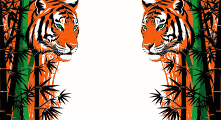 Tiger Heads and Bamboo Frame Vector Illustration © NafiCraft