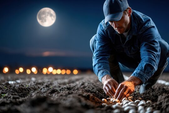 Farmer plants seeds in moonlit field during calm night hours