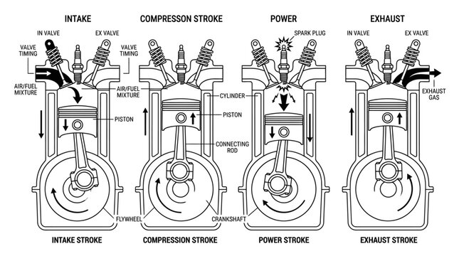 Clean Black and White Diagram of Four Stroke Engine Cycles Intake Compression Power and Exhaust Strokes