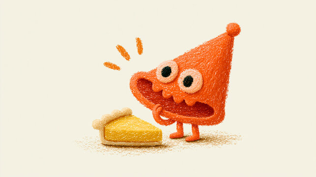 Orangefarbene Cartoonfigur staunt verbl&uuml;fft neben gelbem Kuchenst&uuml;ck