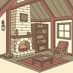 Obraz premium Cozy living room with a stone fireplace and a bookshelf fireplace bookshelf interior relaxation
