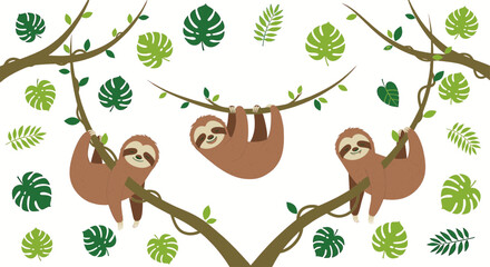 Obraz premium Cute Sloths Hanging on Jungle Tree Branches Vector Illustration