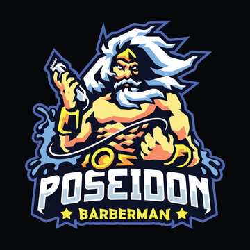 Poseidon barberman logo mascot
