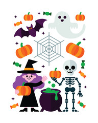 Fototapeta premium Friendly witch and skeleton with ghost, bat, pumpkins, cauldron, and candies for Halloween fun