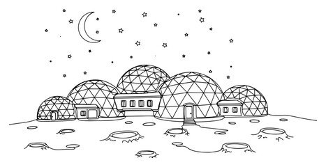 Space colony moon base with geodesic dome houses under night sky continuous line art, futuristic sci-fi lunar habitat concept vector © ----WWWLINE----