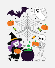 Naklejka premium Friendly witch and skeleton with ghost, bat, pumpkins, cauldron, and candies on Halloween