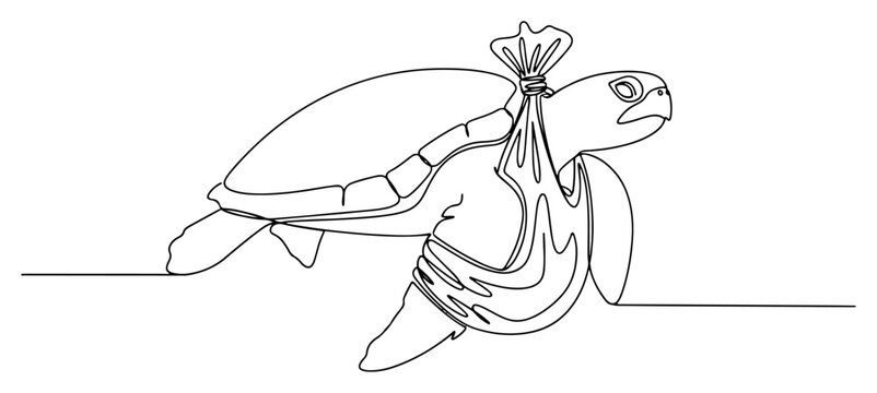Sea turtle entangled in plastic bag continuous line art, ocean pollution and environmental protection concept vector illustration