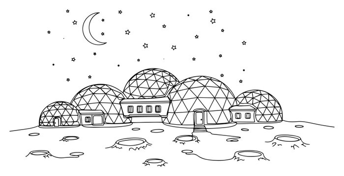 Space colony moon base with geodesic dome houses under night sky continuous line art, futuristic sci-fi lunar habitat concept vector