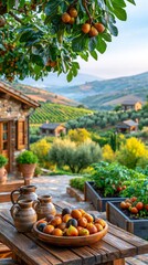 Obraz premium Rustic countryside home overlooking a lush fig orchard and vegetable garden with freshly harvested figs, capturing sustainable farming and Mediterranean rural living.