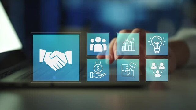 Partnership business strategy concept.  Collaboration and business partnership icons, strategic alliance, corporate cooperation and business growth.