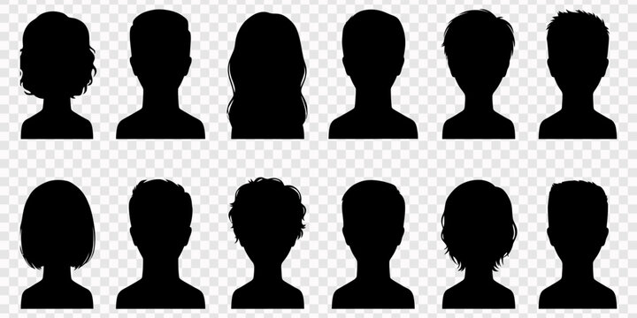 An extensive array of twelve elegant female side profile silhouettes demonstrating a rich variety of sophisticated hairstyles and hair lengths, suitable for diverse creative applications, A collection