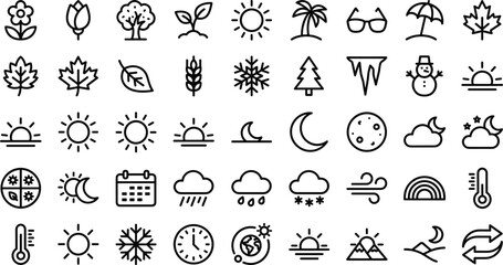 Fototapeta premium Seasonal weather forecast meteorology and natural environment climate line icon set isolated on white background.
