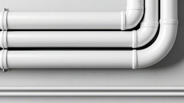 White PVC pipes neatly aligned and curved, mounted on a gray wall, showcasing plumbing or construction elements.