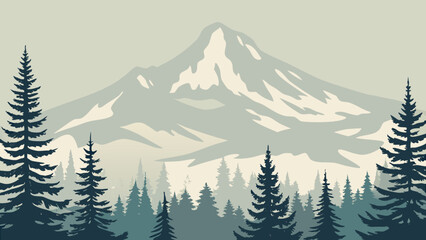 Stylized mountain illustration with coniferous forest featuring a muted color palette and layered design mountains peak summit © Subrata