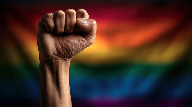 A raised fist symbolizes strength and solidarity against a blurred rainbow flag background, representing LGBTQ+ pride and resistance.