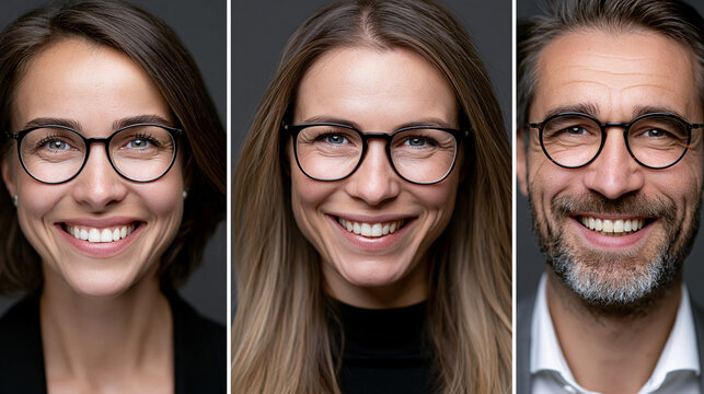 Drei Portr&auml;ts von Erwachsenen mit Brille l&auml;cheln freundlich in die Kamera