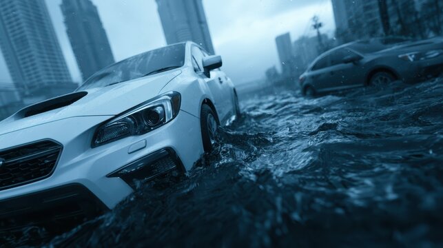 White car driving through a flooded urban street with high-rise buildings in the background and water splashing around.