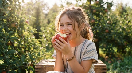 Fototapeta premium Cute happy little girl biting a fresh red apple in a sunny apple orchard. Child eating healthy organic fruit outdoors. Autumn harvest, healthy lifestyle and childhood concept. apple, girl, child, kid,