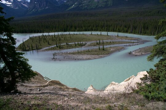 The Turquoise Waters of the Athabasca River Winding Through a Vast Jasper Valley
