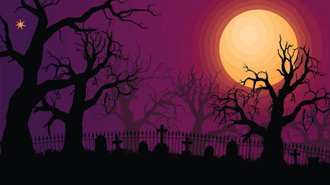 Full yellow moon shines over a spooky graveyard with silhouetted trees and star