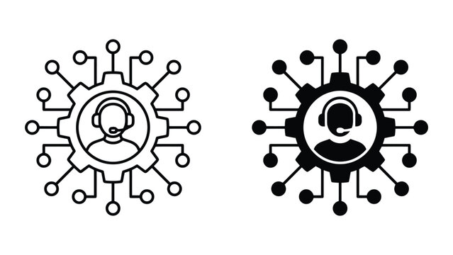 Customer support representative icon set with gear and network connections