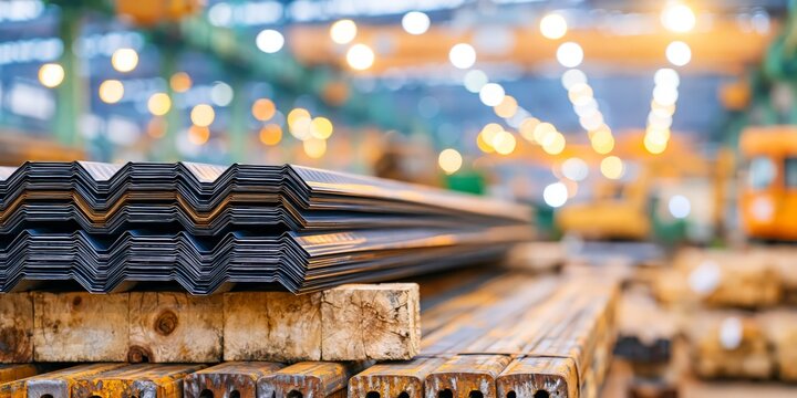 Stacked colorful corrugated metal sheets inside industrial warehouse, representing steel supply, construction materials and manufacturing inventory.