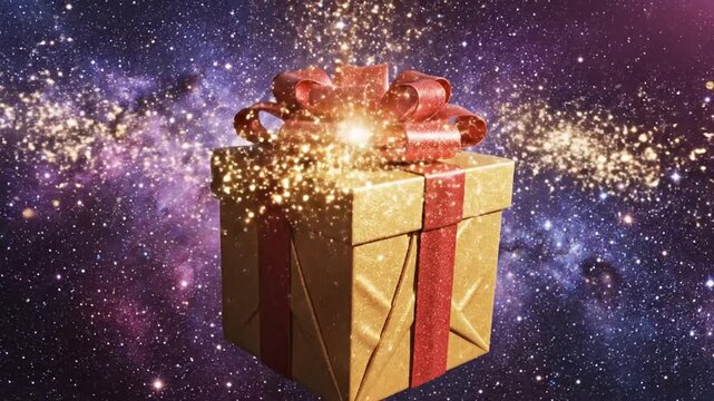 Surprise gift box floating in a vibrant nebula, cosmic celebration