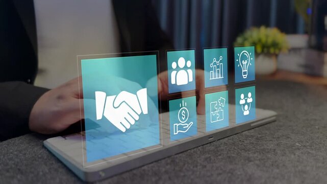 Partnership business strategy concept.  Collaboration and business partnership icons, strategic alliance, corporate cooperation and business growth.