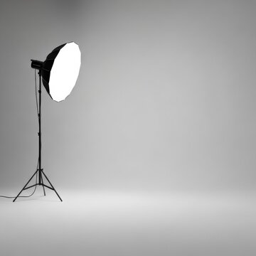 Professional photography studio strobe light with white octabox softbox modifier on black tripod stand against a neutral grey seamless backdrop with empty copy space.