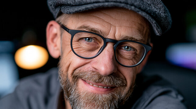 Mann mit Schieberm&uuml;tze und Brille l&auml;chelt vor buntem n&auml;chtlichem Bokeh