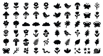 Fototapeta premium set of black silhouettes of flowers plant and birds .eps