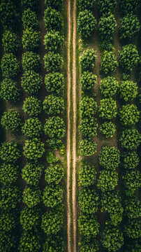 Trees arranged in perfectly parallel rows form a distinct pathway that cuts through the center of a dense and vibrant green plantation.