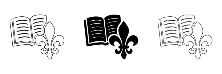 Open book and fleur de lis symbol in outline and silhouette styles © Ophelia