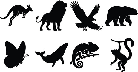 Obraz premium Wild Animal Silhouette Collection with Lion Bear Eagle Kangaroo Whale Butterfly Chameleon and Monkey Black Vector Set