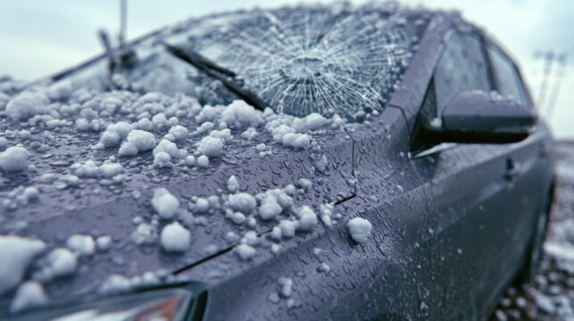 A car with a shattered windshield is covered in hailstones and rain droplets, indicating severe weather conditions.