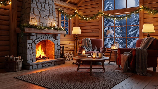 Warm cozy rustic cabin interior featuring a glowing stone fireplace with bright orange flames and comfortable armchairs during a peaceful snowy winter evening at night
