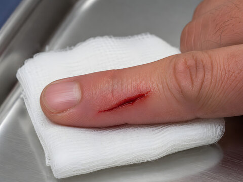 Close up of a deep finger laceration wound being treated with sterile medical gauze pad in a professional clinical healthcare setting environment