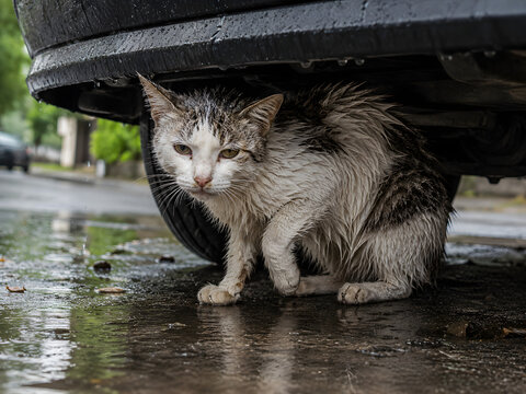 A Depressing Scene of a Wet Stray Cat Seeking Shelter Underneath a Parked Car During a Heavy Rainstorm in the City Streets