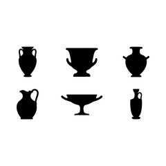 Collection of Ancient Greek and Roman Pottery Silhouettes, Classic Vases, Amphorae, and Jugs Vector Illustration Set © Md