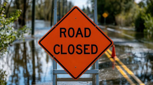 Road closed sign in front of a flooded street with water covering the road and traffic cones in the background.
