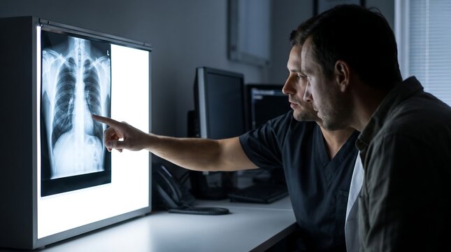 Professional radiologist showing and explaining chest X-ray scan film to a male patient