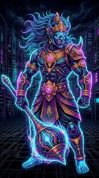 Ghatotkacha hindu god warrior holding gada mace in cyberpunk city