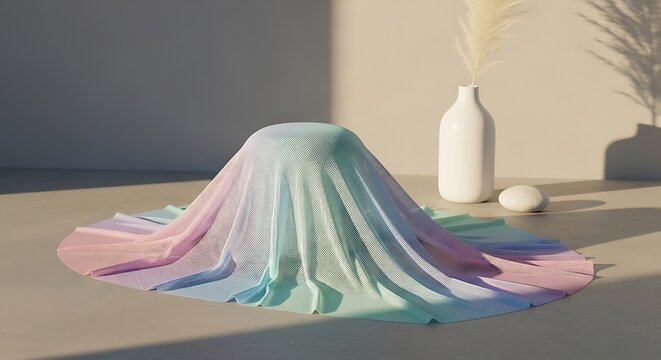 Pastel gradient fabric draped over a hidden object in sunlight