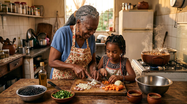 Black grandmother teaching her granddaughter a traditional bean soup recipe, hands cutting vegetables