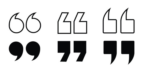 Set of various quotation mark icon designs in outline and solid black styles for typography and text layout with quotation typography punctuation language collection illustration communication © Shohag